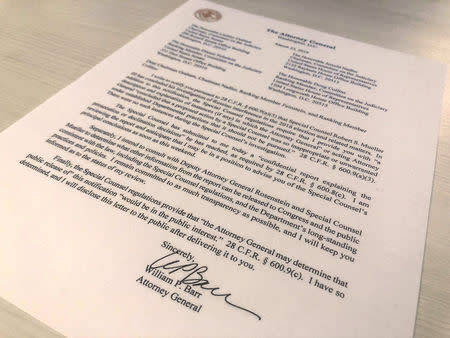 U.S. Attorney General William Barr's letter to U.S. lawmakers stating that the investigation by Special Counsel Robert Mueller has been concluded and that Mueller has submitted his report to the Attorney General is seen in Washington, U.S. March 22, 2019. REUTERS/Jim Bourg