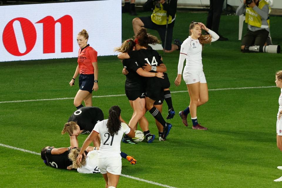 Winning try: Wing Ayesha Leti-l’iga celebrates the decisive score for New Zealand (Getty Images)
