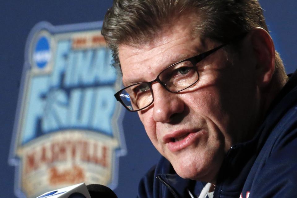 Connecticut head coach Geno Auriemma answers a question during a news conference at the NCAA women's Final Four college basketball tournament Monday, April 7, 2014, in Nashville, Tenn. Connecticut is scheduled to face Notre Dame in the championship game Tuesday. (AP Photo/John Bazemore)