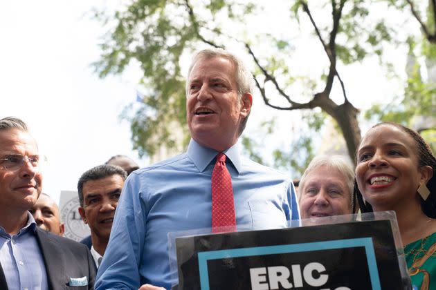 Current Mayor Bill de Blasio speaks at a press conference in August at which he endorsed Eric Adams as his successor. (Photo: Pacific Press via Getty Images)