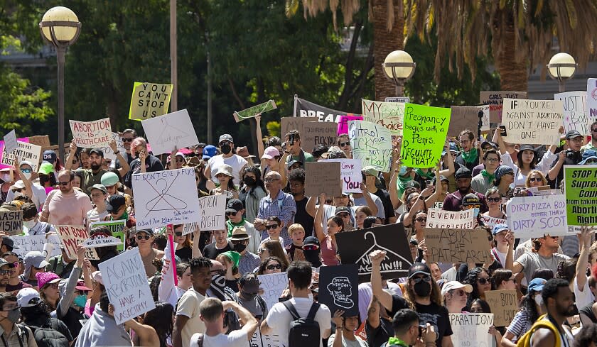 Los Angeles, CA - June 25: Protesters march from Pershing Square to Los Angeles City Hall during one of two abortion rights protests, including a second one that was called the ``Rock for Abortion Rights", and included a concert, rally and march outside the U.S. Federal Courthouse in Los Angeles on Saturday, June 25, 2022. (Allen J. Schaben / Los Angeles Times)