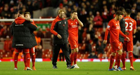 Liverpool manager Juergen Klopp and Dejan Lovren celebrate at the end of the match Action Images via Reuters / Carl Recine