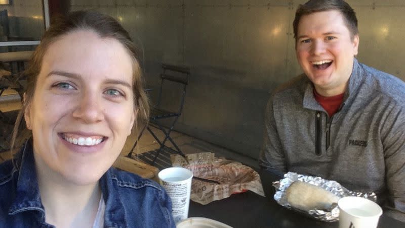Kelsey Dallas and her husband, Mike, eat at Chipotle in 2019 to celebrate the anniversary of their first date.