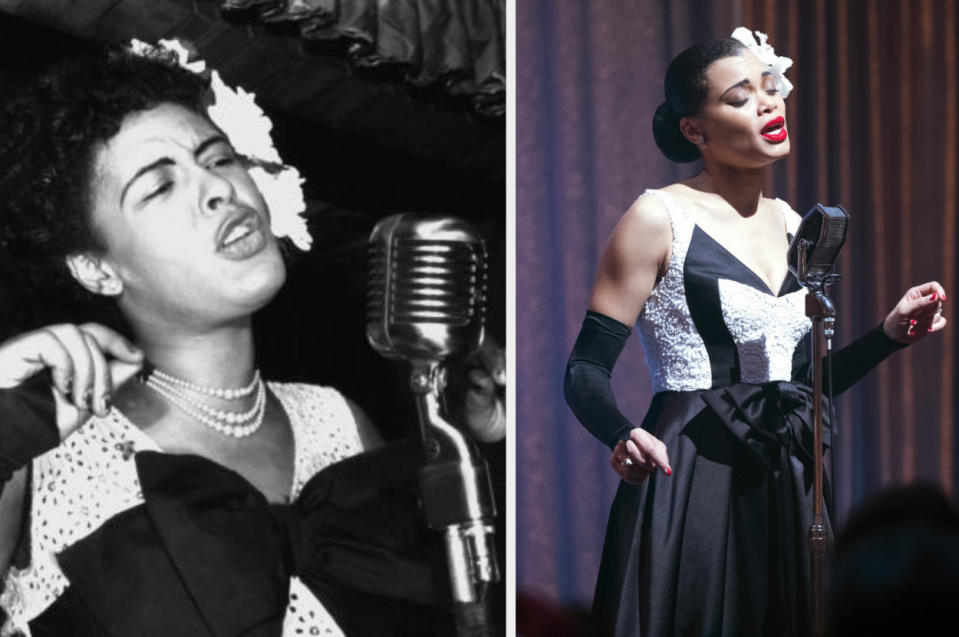 Billie Holiday (left) performs in New York City (1947) with Andra Day as Billie Holiday (right) in Hulu's The United States vs. Billie Holiday.  Costume designer: Paolo Nieddu