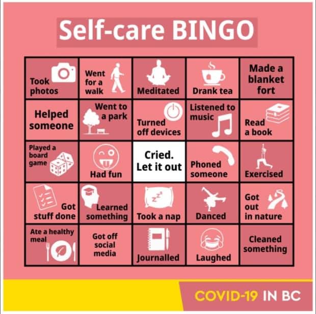 A screenshot of the 'self-care' bingo card posted to the province's Twitter account on Friday. (BC Government News/Twitter - image credit)