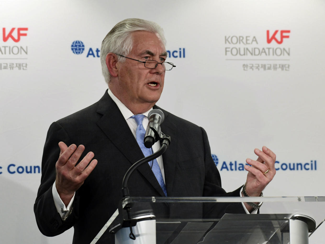Rex Tillerson speaks at the 2017 Atlantic Council-Korea Foundation Forum in Washington, where he floated the idea of talks with North Korea: AP