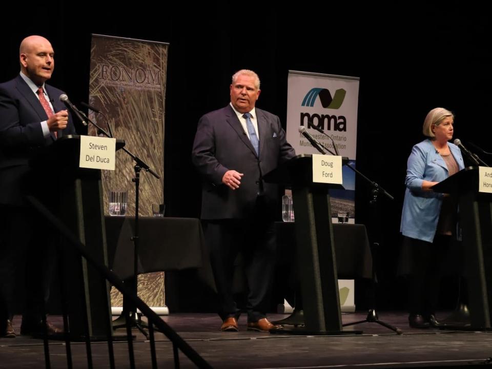Liberal Leader Steven Del Duca speaks at the northern debate on Tuesday. Progressive Leader Doug Ford, NDP Leader Andrea Horwath and Green Party Leader Mike Schreiner look on.  (Gino Donato/The Canadian Press - image credit)
