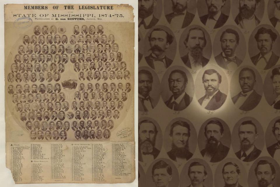 Charles Caldwell, one of 16 Black delegates at the state’s post-war constitutional convention in 1868, pictured within a montage of the Mississippi Legislature in 1875. Caldwell was assassinated in 1875 part of “the Mississippi Plan” to maintain White political control.