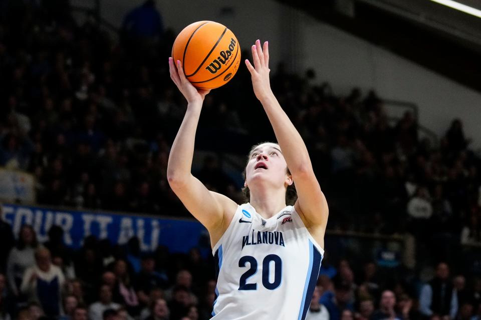 Villanova's Maddy Siegrist shoots during the second half of a second-round college basketball game against Florida Gulf Coast in the NCAA Tournament, Monday, March 20, 2023, in Villanova, Pa. (AP Photo/Matt Rourke)