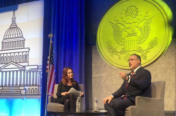U.S. Secretary of Education Miguel Cardona spoke with North Dakota Superintendent Kirsten Baesler at the Council of Chief State School Officers legislative conference last month. (Council of Chief State School Officers Twitter)