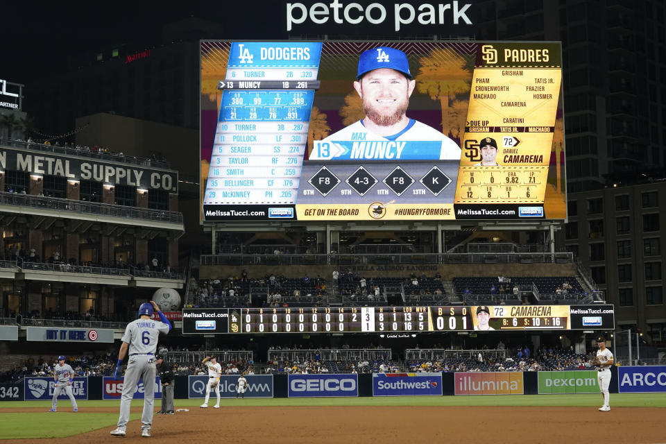 Los Angeles Dodgers' Trea Turner (6) leads off from first during the fifteenth inning of a baseball game against the San Diego Padres, Thursday, Aug. 26, 2021, in San Diego. (AP Photo/Gregory Bull)