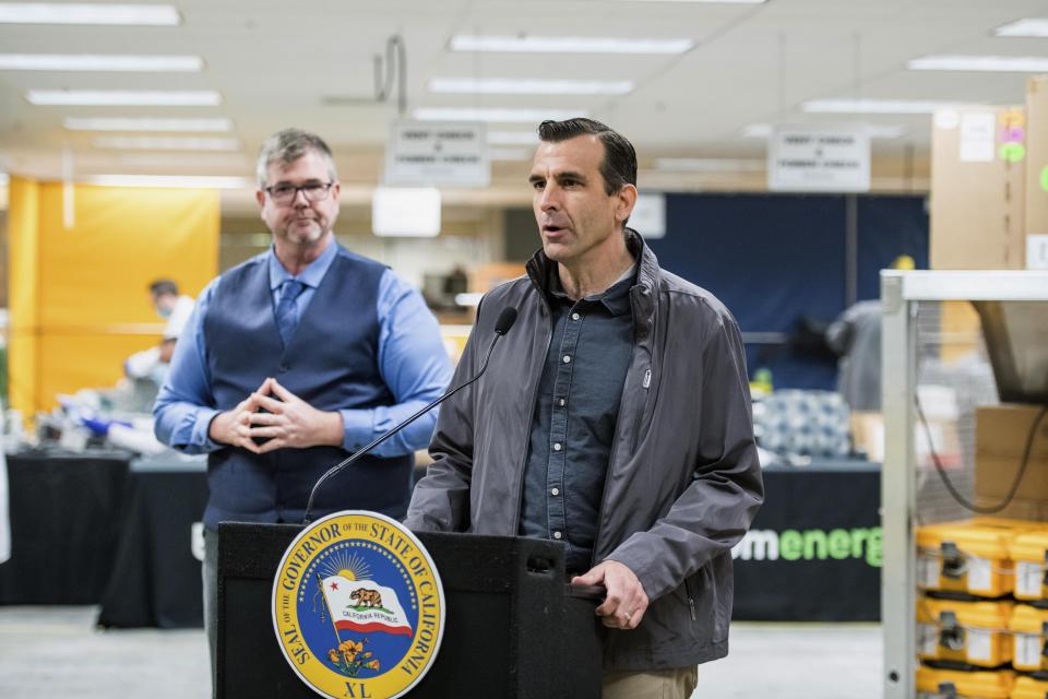 FILE - In this March 28, 2020, file photo, San Jose, Calif., Mayor Sam Liccardo speaks during a news conference at the Bloom Energy campus in Sunnyvale, Calif. The mayor of San Jose apologized Tuesday, Dec. 1, 2020, for a Thanksgiving get-together at his parents' home that violated California's coronavirus restrictions on gatherings with people from different households, which are limited to three under state rules. (Beth LaBerge/KQED via AP, Pool, File)