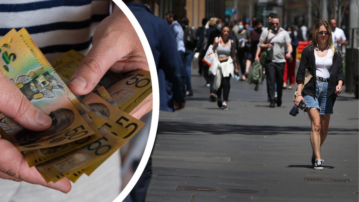 People walking in the Sydney CBD and a person holding $50 notes to represent unused Dine & Discover vouchers for NSW residents.