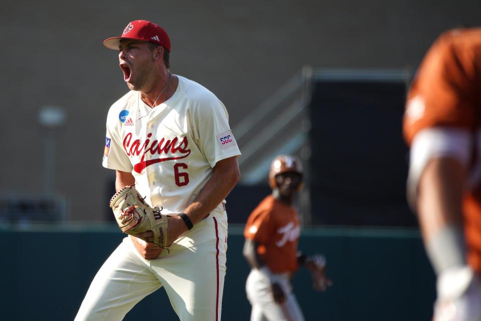 Louisiana Ragin Cajuns pitcher David Christi (6) celebrates a strike out against the Texas Longhorns during the first round in the NCAA baseball College Station Regional May 31, 2024, at Olsen Field College Station.