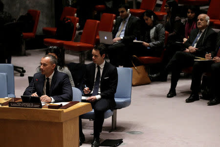 Nickolay Mladenov, United Nations Special Coordinator for the Middle East Peace Process and Personal Representative of the Secretary-General, briefs the U.N. Security Council during a council meeting on the situation in the Middle East as Palestinian Ambassador to the U.N. Riyad Mansour looks on (back, R) at U.N. headquarters in New York City, New York, U.S., March 24, 2017. REUTERS/Mike Segar