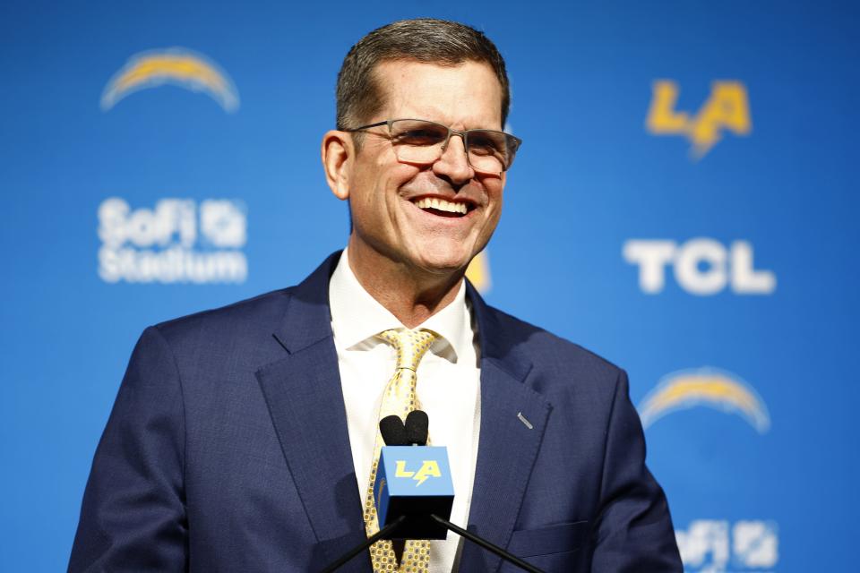 Chargers coach Jim Harbaugh speaks to the media during a news conference at YouTube Theater on Thursday, Feb. 1, 2024, in Inglewood, California.