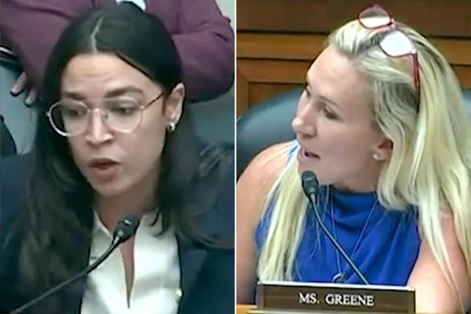 Representative Alexandria Ocasio-Cortez (left) and Representative Marjorie Taylor Greene, pictured at the House Oversight Committee hearing, clashed on Thursday (Independent TV)