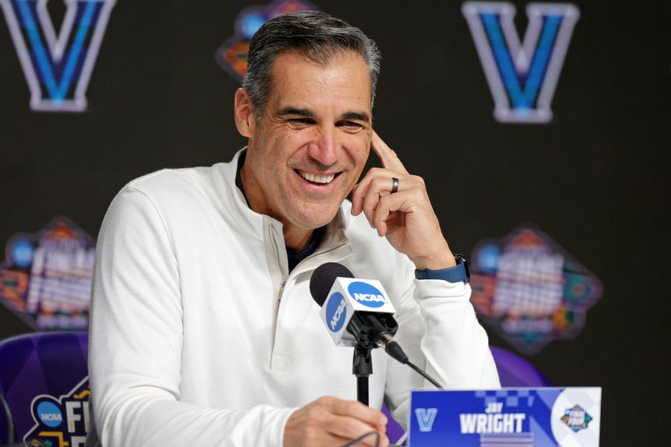 Jay Wright talks to media during a press conference before the Final Four in New Orleans.