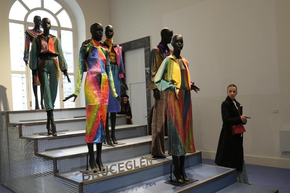 Creations of BruceGlen brand are displayed at the fashion hub part of the women's Fall-Winter 2024-25 collection presented in Milan, northern Italy, Wednesday, Feb. 21, 2024. (AP Photo/Antonio Calanni)