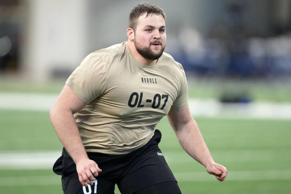 Mar 3, 2024; Indianapolis, IN, USA; Kansas State offensive lineman Cooper Beebe (OL07) during the 2024 NFL Combine at Lucas Oil Stadium. Mandatory Credit: Kirby Lee-USA TODAY Sports