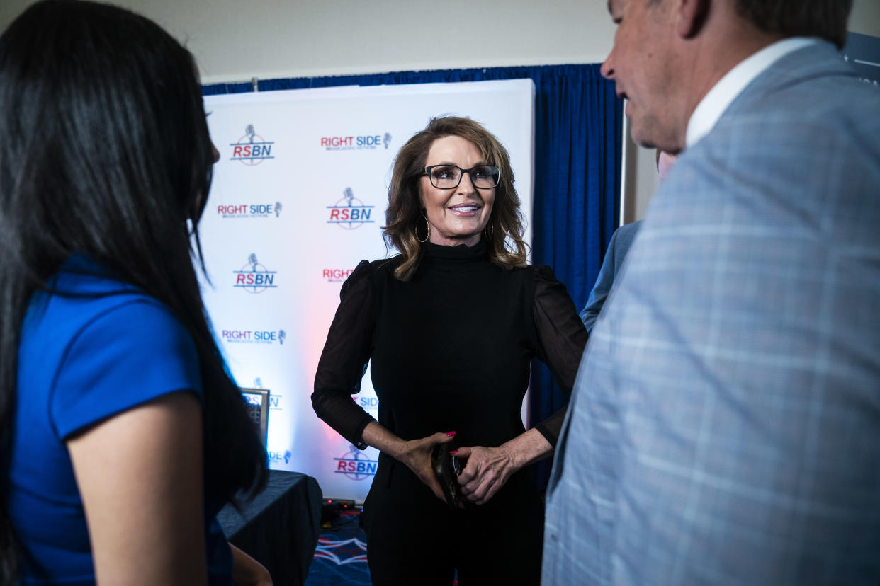 Fort Washington, MD - March 2 : Former Alaska Gov. Sarah Palin walks between interviews on the first day of the Conservative Political Action Conference CPAC held at the Gaylord National Resort & Convention Center on Thursday, March 02, 2023, in Fort Washington, MD. (Photo by Jabin Botsford/The Washington Post via Getty Images)