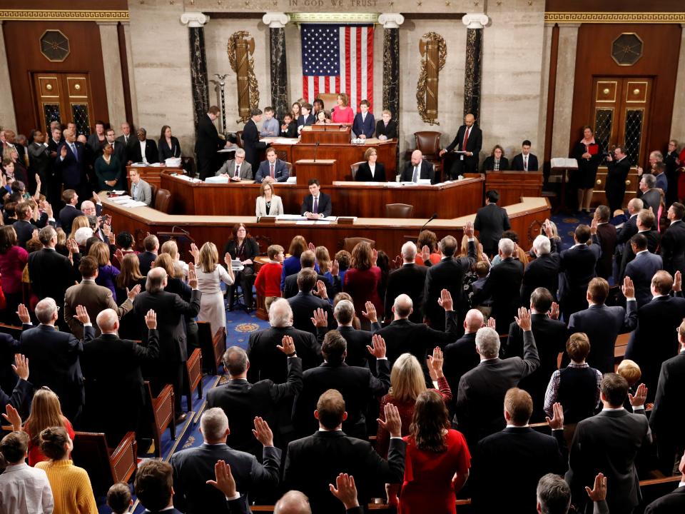 House Speaker Nancy Pelosi (D-CA) administers the oath of office to House members and delegates of the U.S. House of Representatives at the start of the 116th Congress inside the House Chamber on Capitol Hill in Washington, U.S., January 3, 2019.