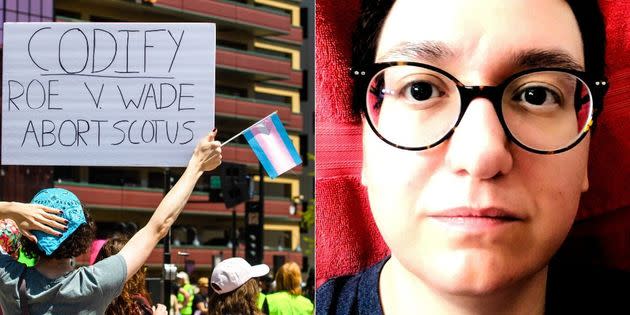 Left: A protester holds a sign and trans flag during a protest in Reno, Nevada, after the news emerged that a leaked draft opinion indicated the Supreme Court is poised to overturn Roe v. Wade. Right: Jack Meraxes. (Photo: Ty O'Neil/Getty Images // Jack Meraxes)