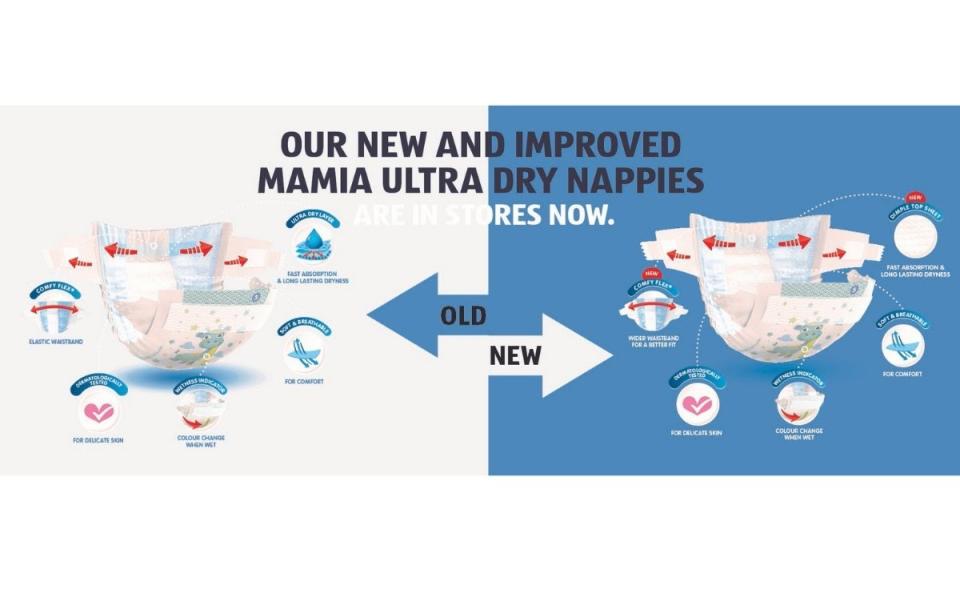 Nappy diagram shows how Aldi Mamia nappies have changed.