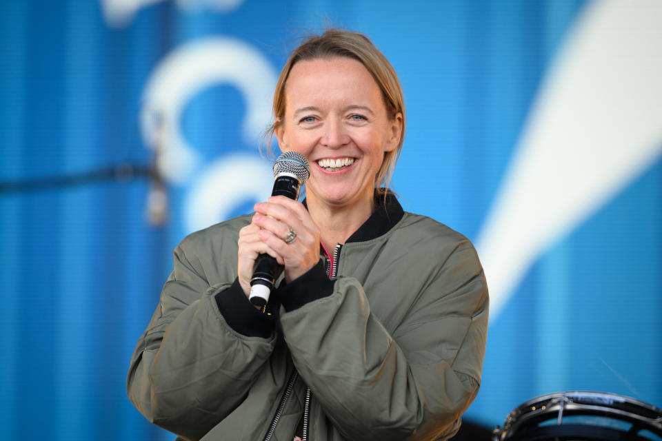 GLASTONBURY, ENGLAND - JUNE 25: Emily Eavis introduces Greta Thunberg onto the Pyarmid Stage during day four of Glastonbury Festival at Worthy Farm, Pilton on June 25, 2022 in Glastonbury, England. (Photo by Leon Neal/Getty Images)