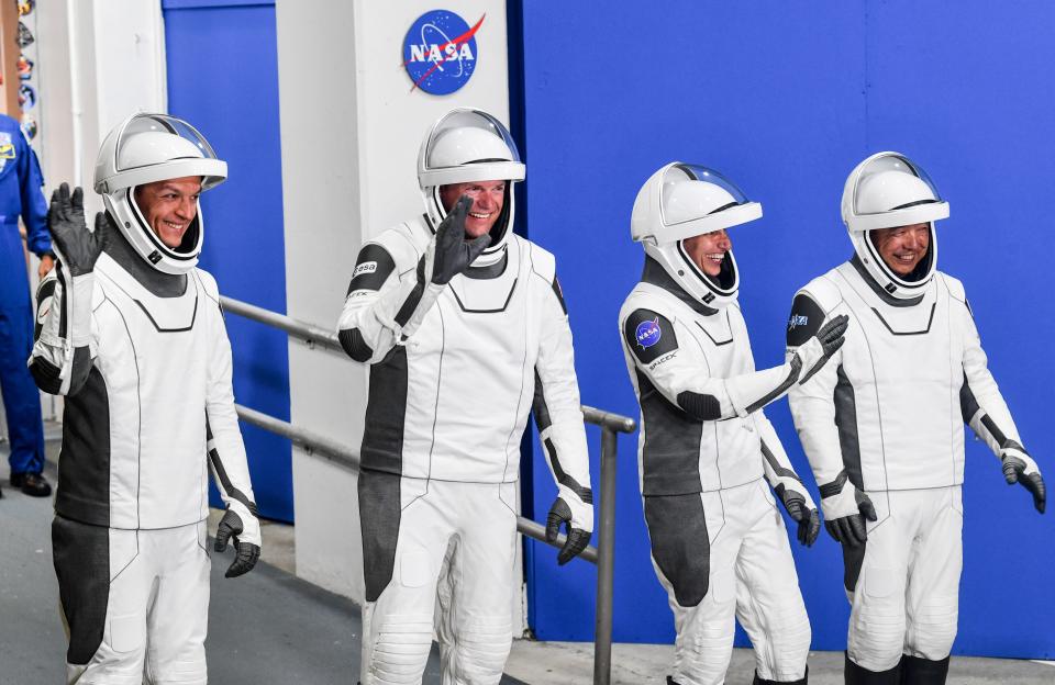 The members of NASA/SpaceX Crew-7 prepare to depart Aug. 26, 2023 from the Kennedy Space Center in Cape Canaveral, Florida for their six-month mission aboard the International Space Station. The four of them returned early Tuesday morning to Earth.