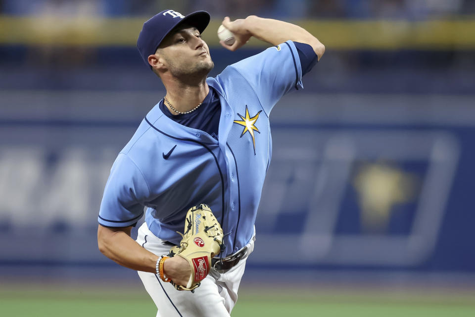 Tampa Bay Rays starting pitcher Shane McClanahan throws against the Los Angeles Angels during the first inning of a baseball game Wednesday, Aug. 24, 2022, in St. Petersburg, Fla. (AP Photo/Mike Carlson)