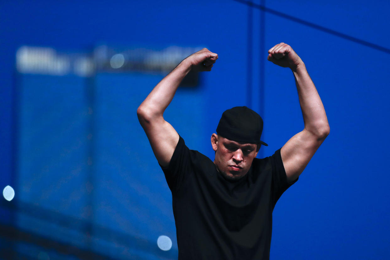 NEW YORK, NEW YORK - SEPTEMBER 19: Nate Diaz during a press conference ahead of UFC 244 at The Rooftop at Pier 17 on September 19, 2019 in New York City. (Photo by Michael Owens/Zuffa LLC/Zuffa LLC)