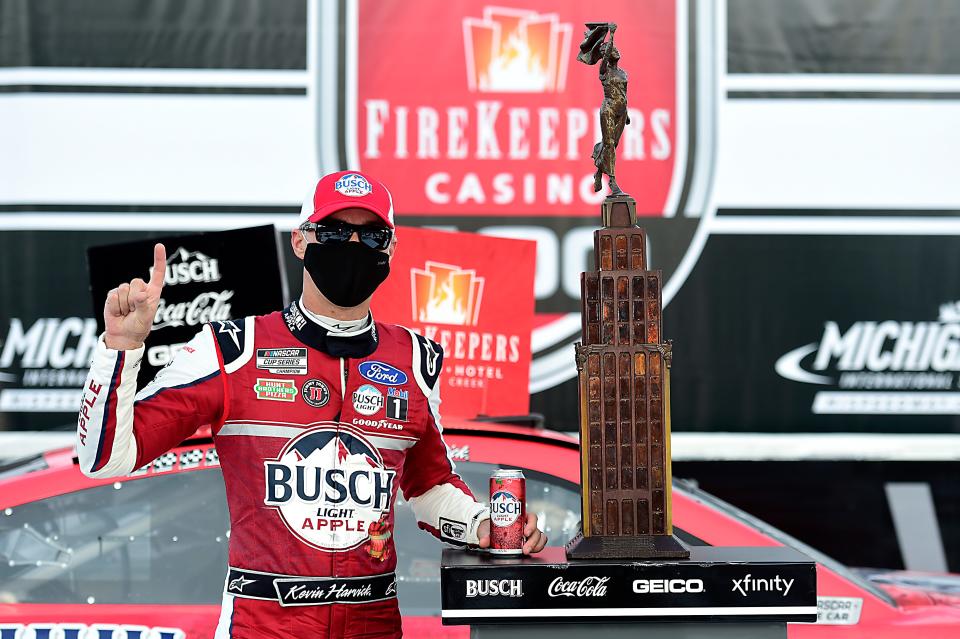 Kevin Harvick celebrates at Michigan International Speedway in 2020.