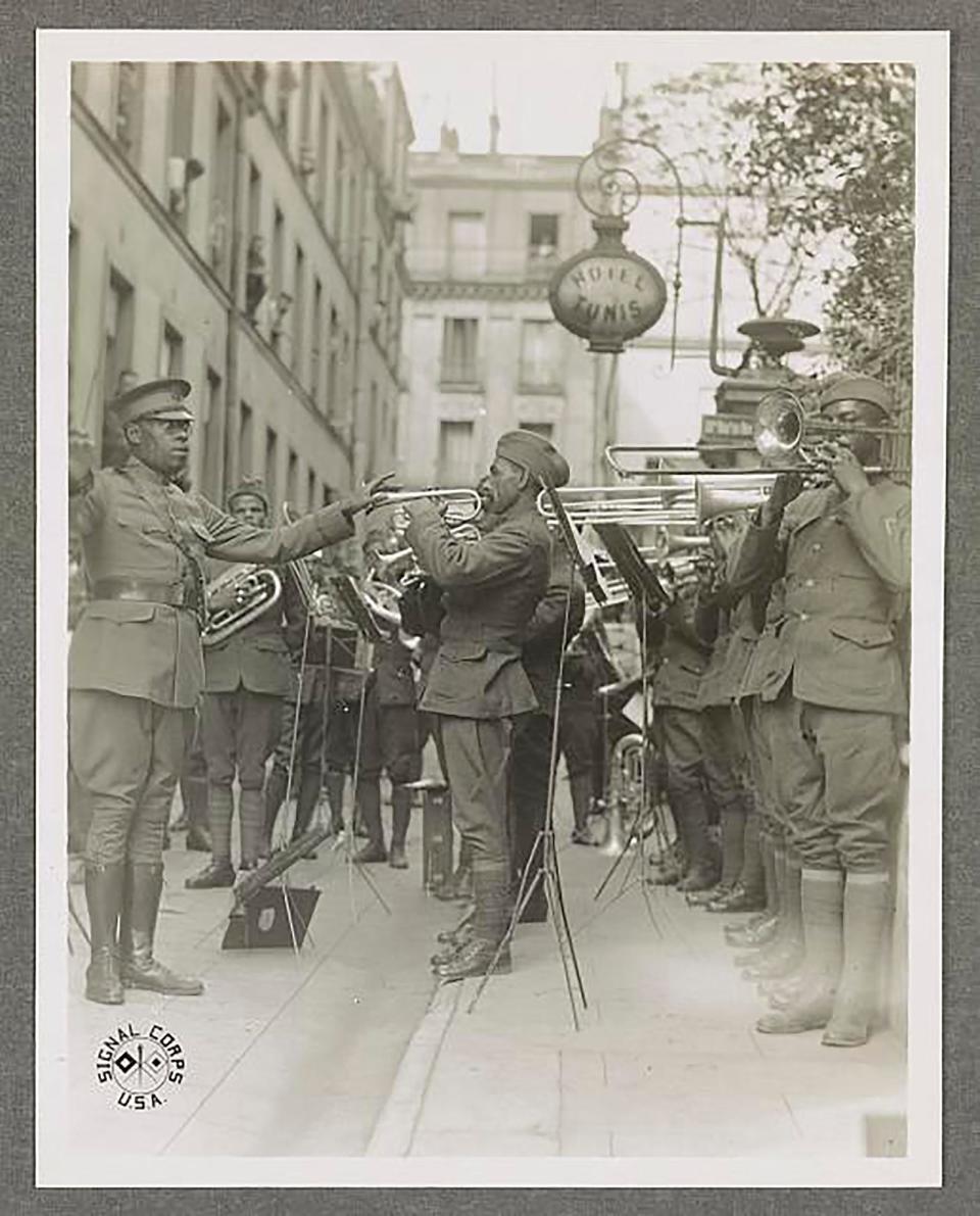 James Europe leading the 369th Hellfighter's band in Paris. Courtesy Library of Congress