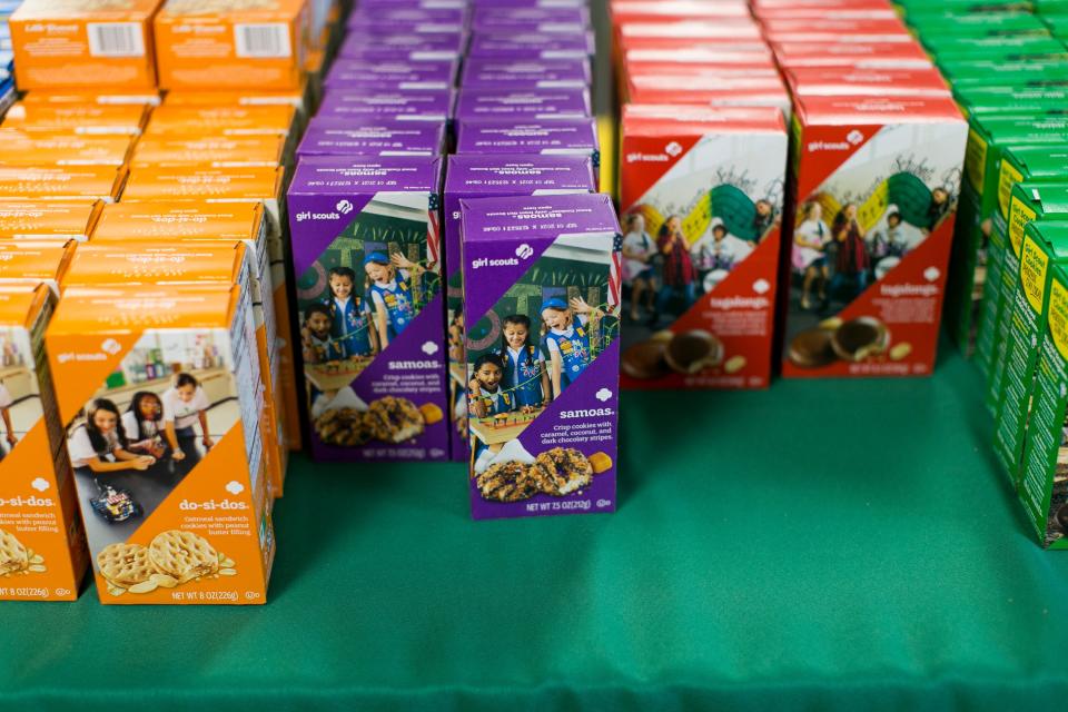 Girl Scout Cookies are displayed on a table at Girl Scouts of Northern Illinois on Friday, Feb. 26, 2021, in Rockford.