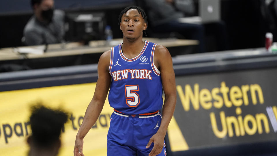 New York Knicks guard Immanuel Quickley (5) in the second half of an NBA basketball game Wednesday, May 5, 2021, in Denver. The Nuggets won 113-97. (AP Photo/David Zalubowski)