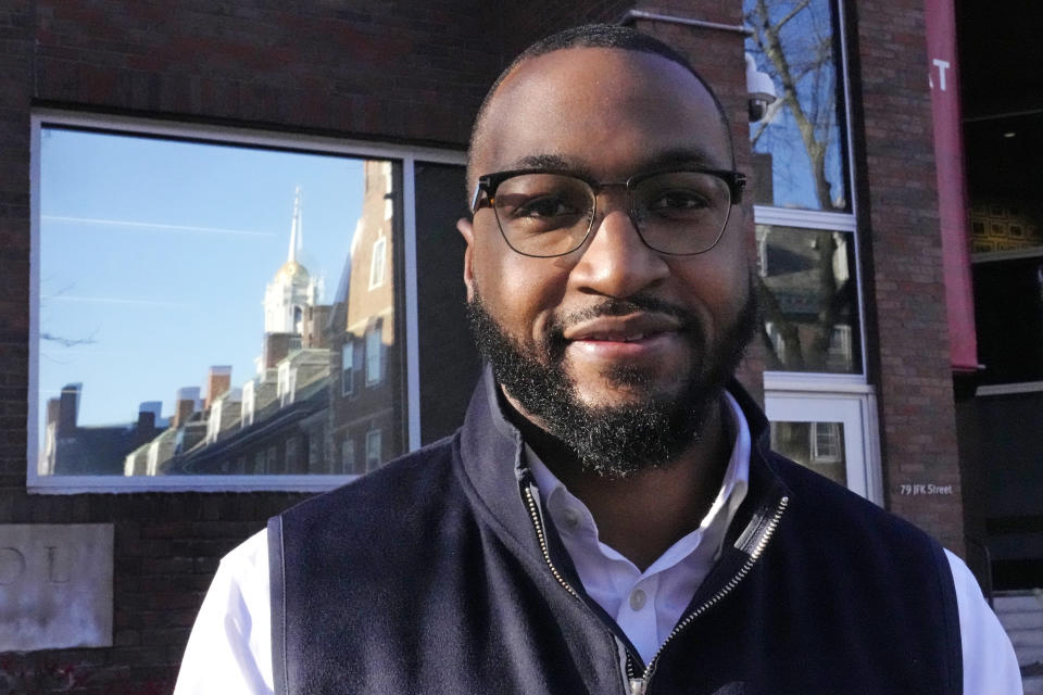 Quentin Fulks, who managed Sen. Raphael Warnock's re-election campaign in 2022, stands for a portrait outside the John F. Kennedy School of Government at Harvard University, Thursday, Feb. 2, 2023, in Cambridge, Mass. After directing Warnock's midterm reelection win, Fulks is in the running for a top job on President Joe Biden's 2024 reelection campaign. (AP Photo/Charles Krupa)