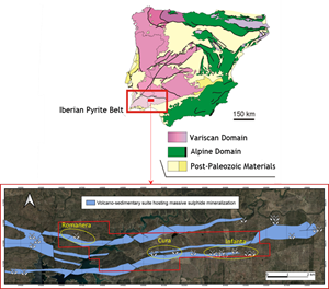 Location for IBW Project within the Iberian Pyrite Belt and the three mineral deposits.