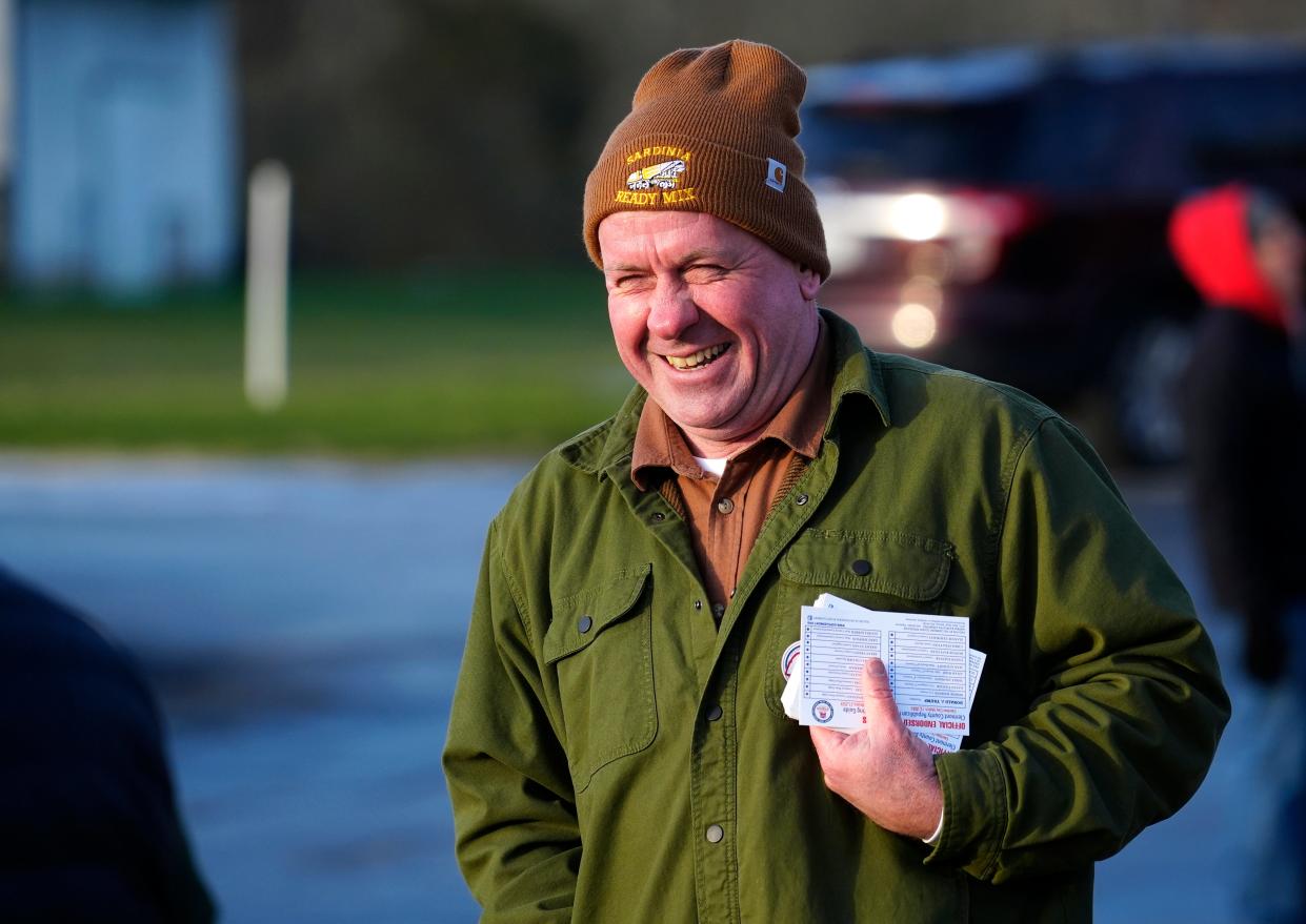 David Taylor, Republican candidate in Ohio’s 2nd Congressional District race, campaigns during Ohio’s primary at Goshen High School, Tuesday, March 19, 2024.