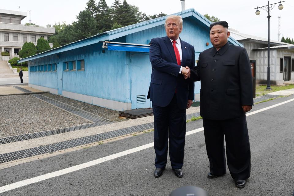 President Donald Trump meets with North Korean leader Kim Jong Un at the Demilitarized Zone between North and South Korea on June 30, 2019.