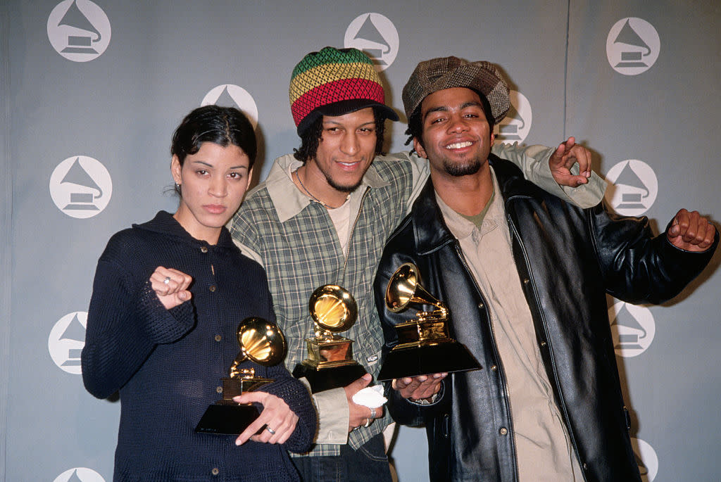 Digable Planets at Radio City Music Hall in NYC for the 1994 Grammy Awards. (Photo by Mitchell Gerber/Corbis/VCG via Getty Images)