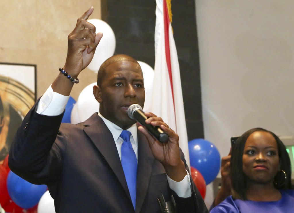 Andrew Gillum addresses his supporters after winning the Democratic primary for Florida governor on Tuesday in Tallahassee.&nbsp; (Photo: AP Photo/Steve Cannon)