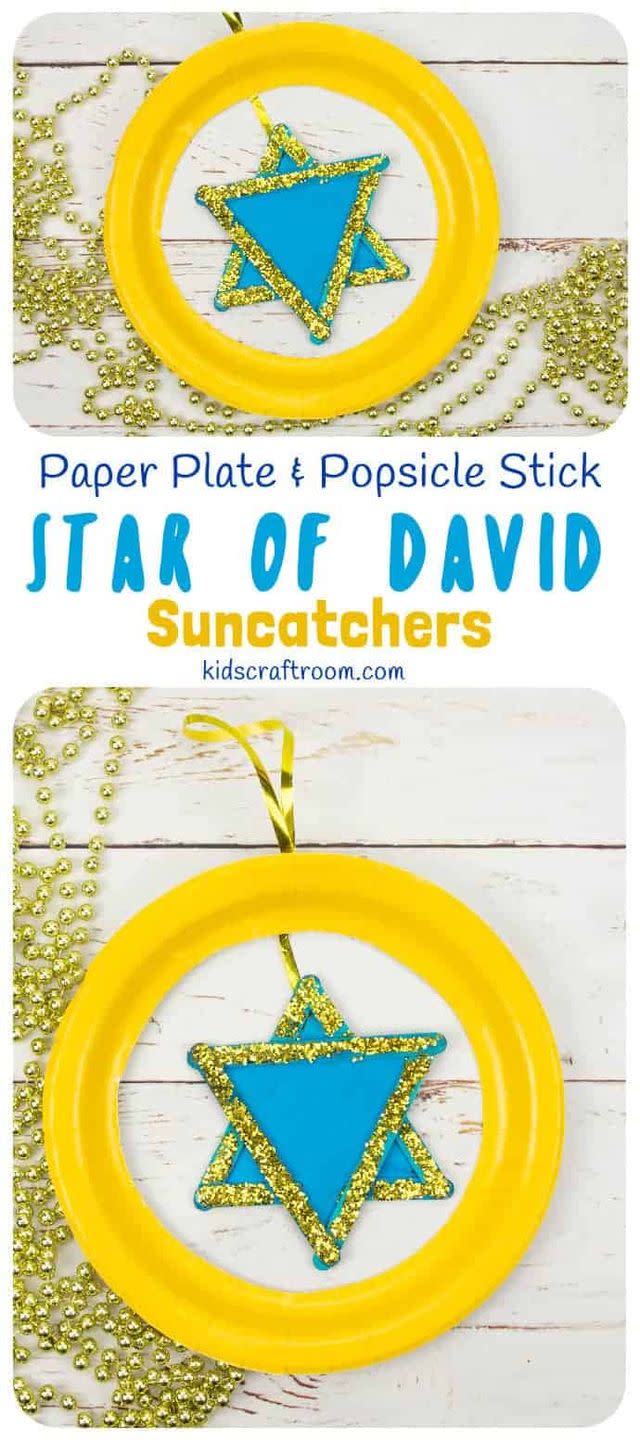 <p>This pretty sun catcher craft looks festive and fancy with gold glitter detailing and a translucent blue middle for the light to shine through. Even preschoolers can make it with popsicle sticks, tissue paper, and a paper plate.</p><p><a href="https://kidscraftroom.com/star-of-david-suncatcher-craft/" rel="nofollow noopener" target="_blank" data-ylk="slk:Get the tutorial at Kids Craft Room;elm:context_link;itc:0;sec:content-canvas" class="link "><em>Get the tutorial at Kids Craft Room</em></a></p>