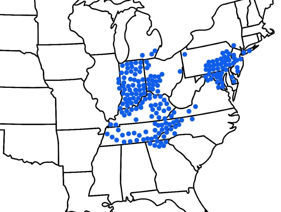 A map showing where Brood X periodical cicadas are expected to emerge in spring 2021.