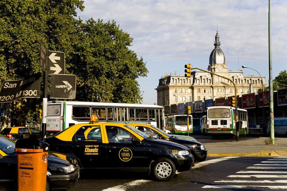 Taxis in the vicinity of the English Tower in Buenos Aires.