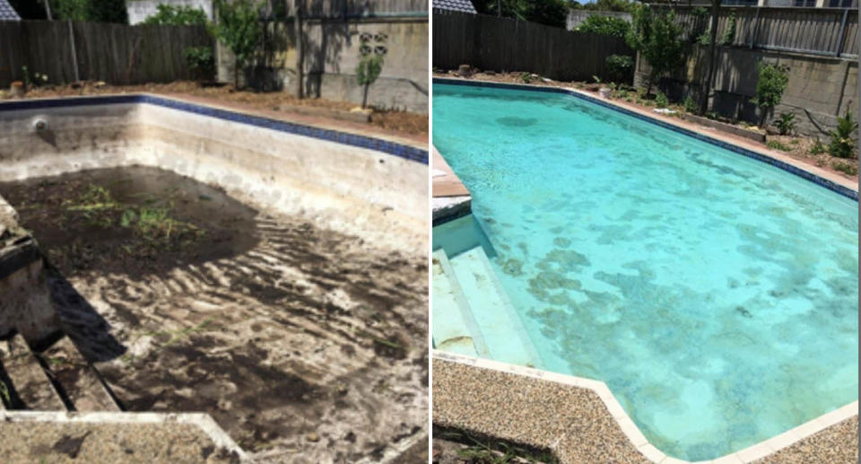 Jim's Pool Care was able to transform the swimming pool by removing the plants and adding the right chemicals. Source: Jim's Pool Care