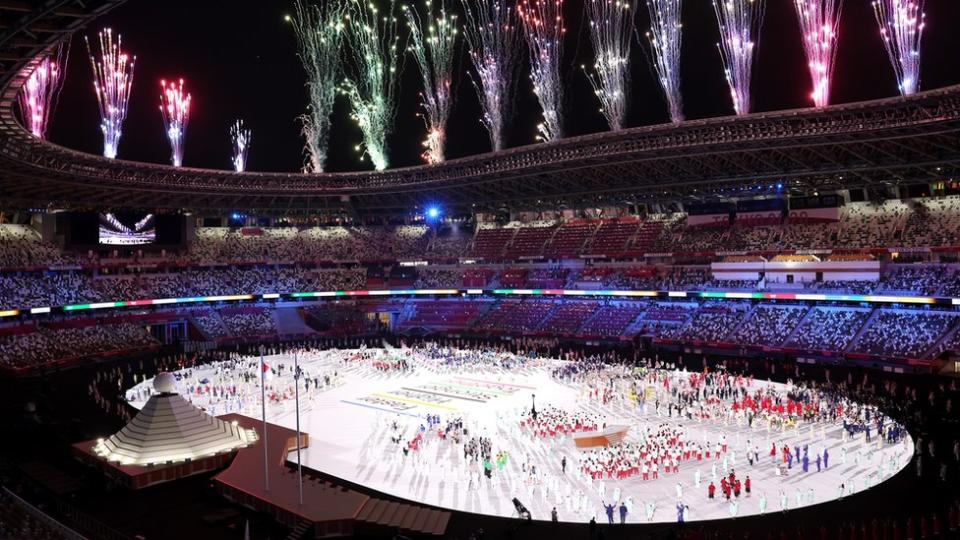 General view inside the stadium as fireworks are set off during the Opening Ceremony of the Tokyo 2020 Olympic Games at Olympic Stadium on July 23, 2021 in Tokyo, Japan.