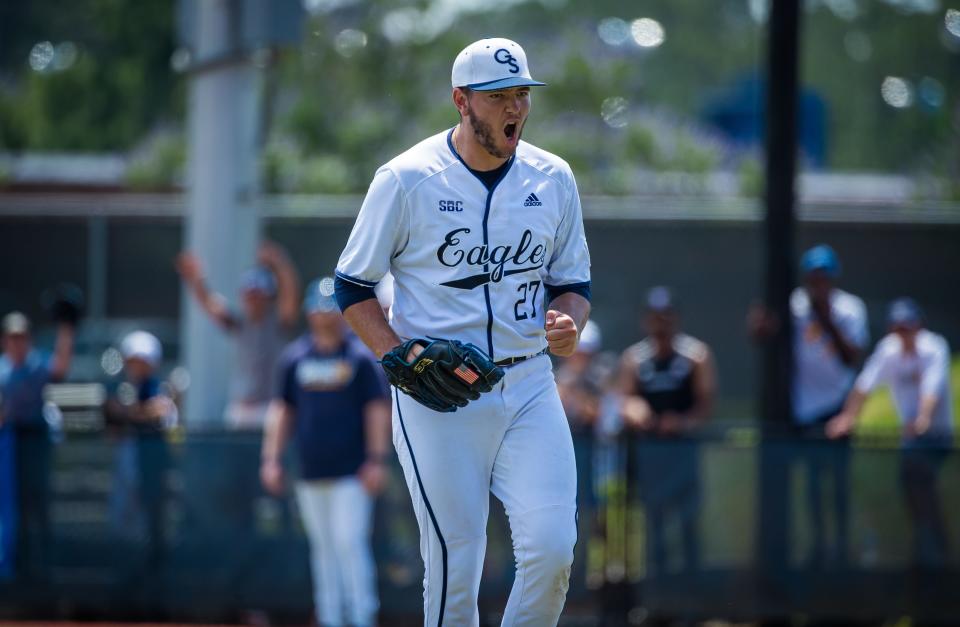 Georgia Southern starting pitcher Ty Fisher celebrates during the game Saturday against UNC Greensboro in the Statesboro Regional at J.I. Clements Stadiium.