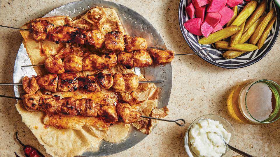 Grilled Chicken Skewers with Toum (Shish Taouk)