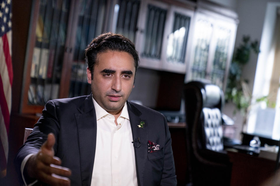 Pakistani Foreign Minister Bilawal Bhutto Zardari speaks during an interview with the Associated Press at the Pakistan Embassy, in Washington, Tuesday, Sept. 27, 2022. (AP Photo/Andrew Harnik)